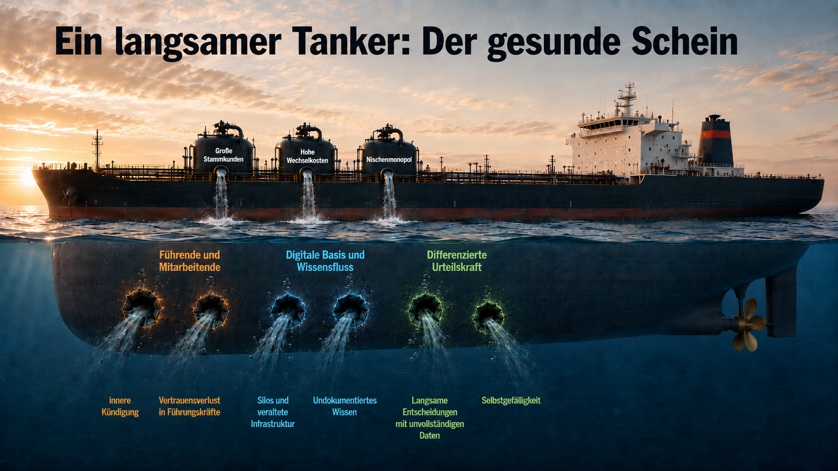 Tanker mit Lecks unter der Wasserlinie, an der Oberfläche unverändert.