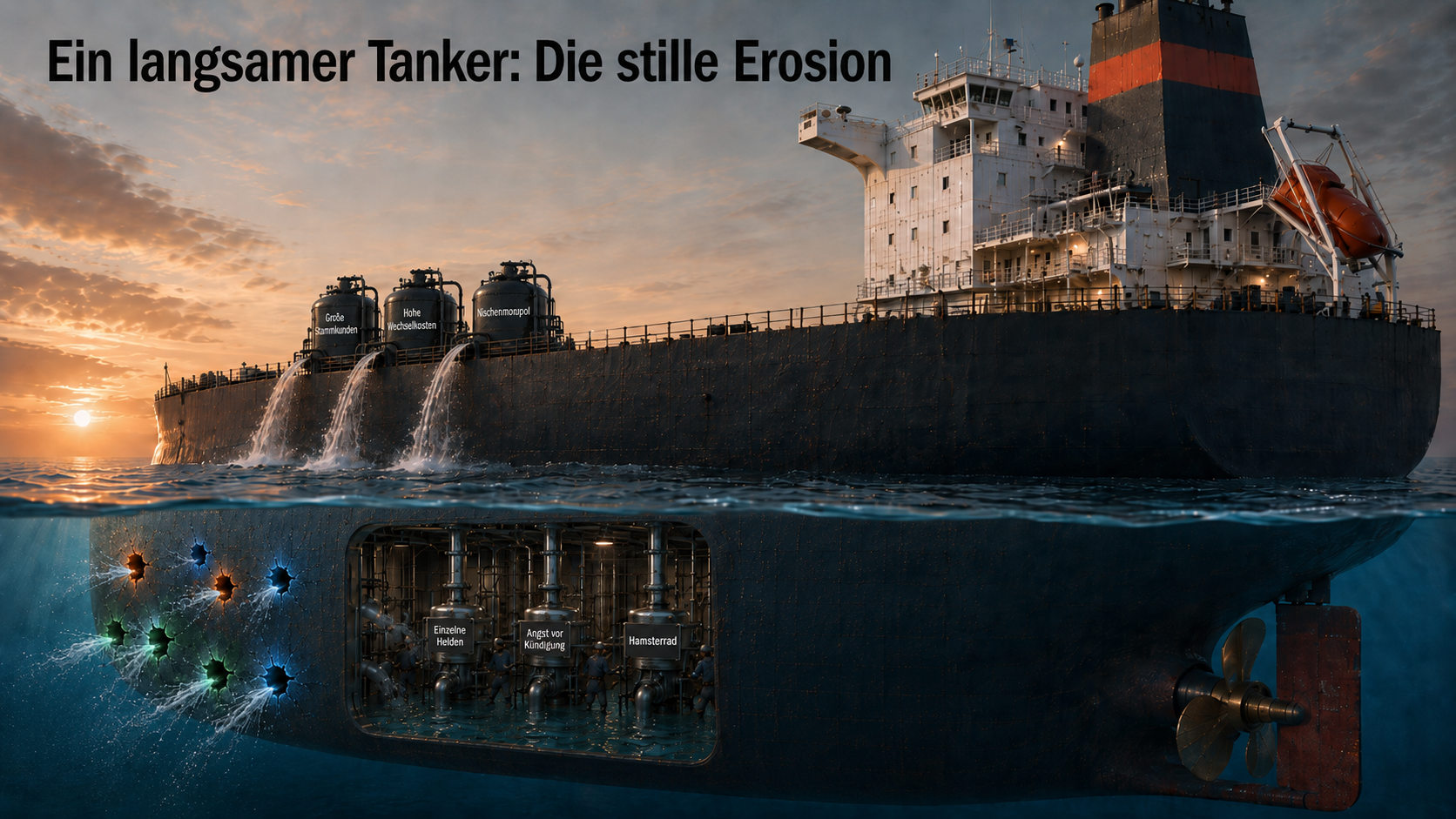 Tanker in der stillen Erosion, mit deutlich sichtbarer Belastung.