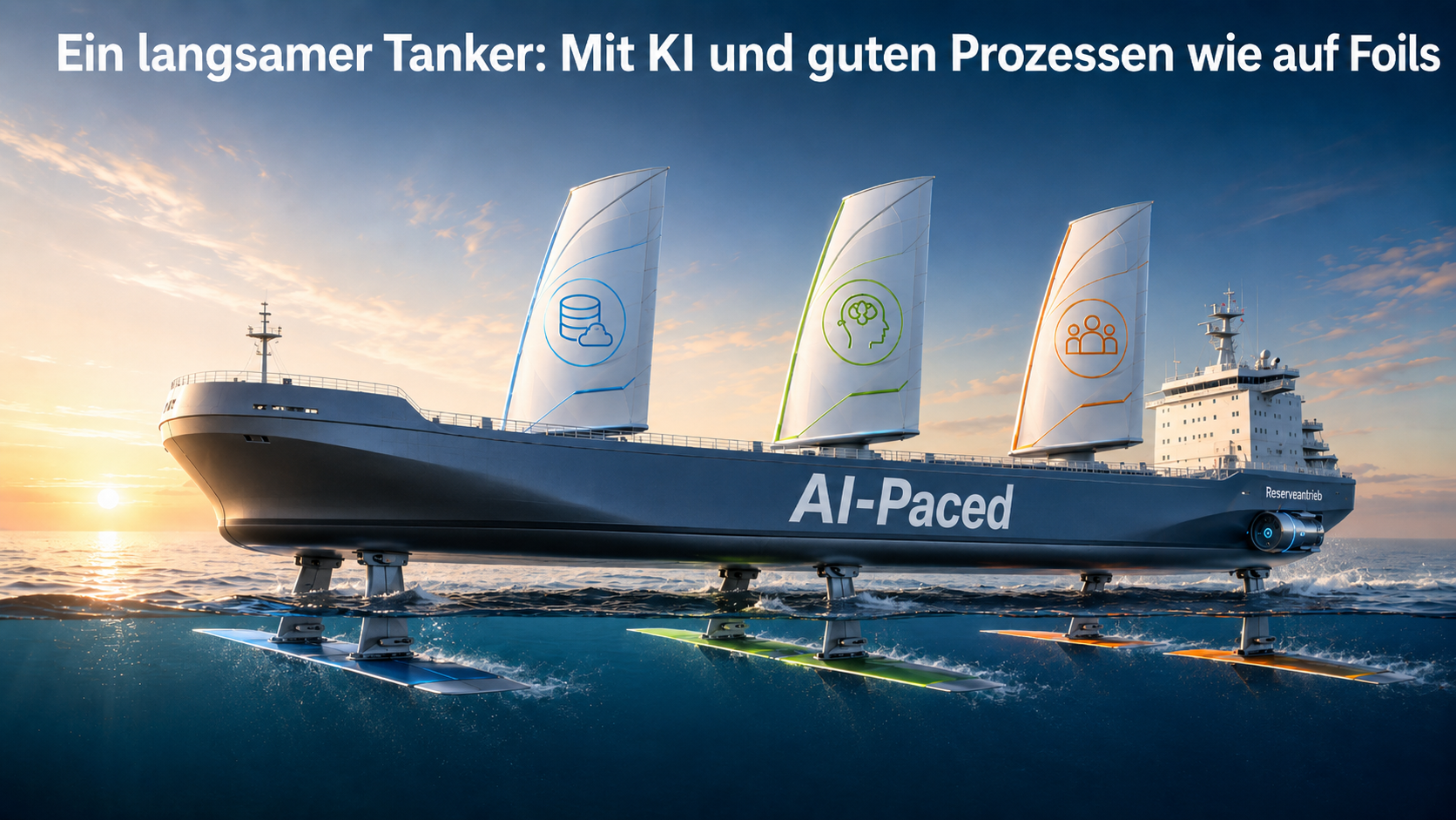 Foilender Tanker mit drei Segeln in den Ecken-Farben Orange, Blau und Grün, aus dem Wasser gehoben, im Morgenlicht.
